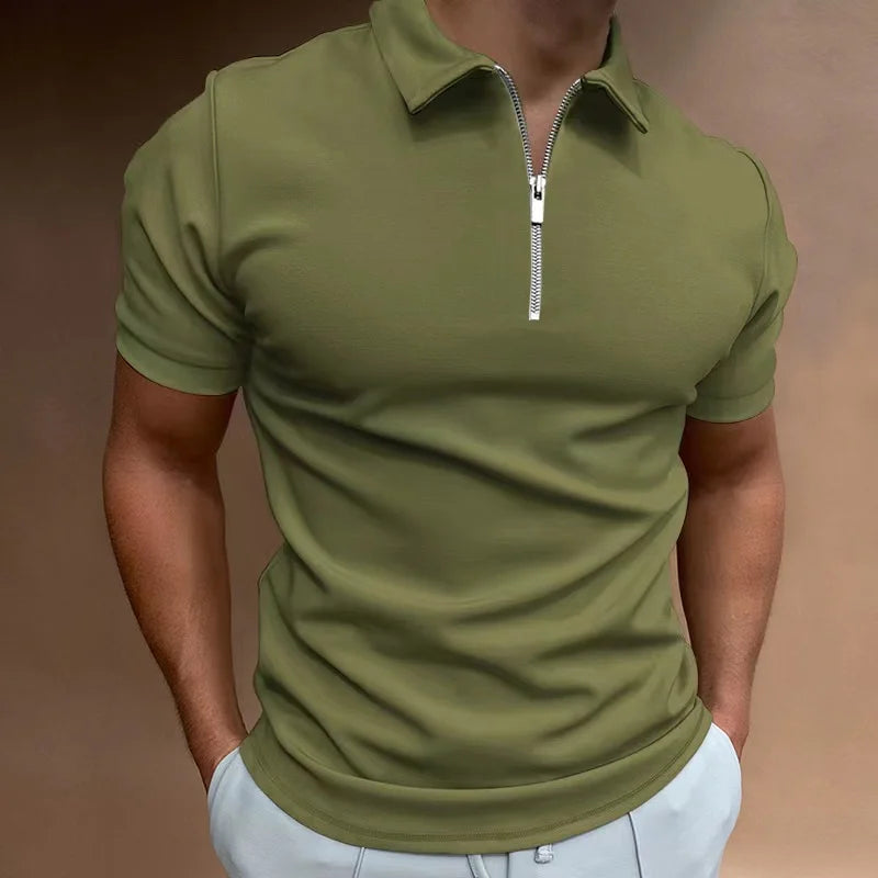 Summer Men's Solid Color Polo Shirt Zipper